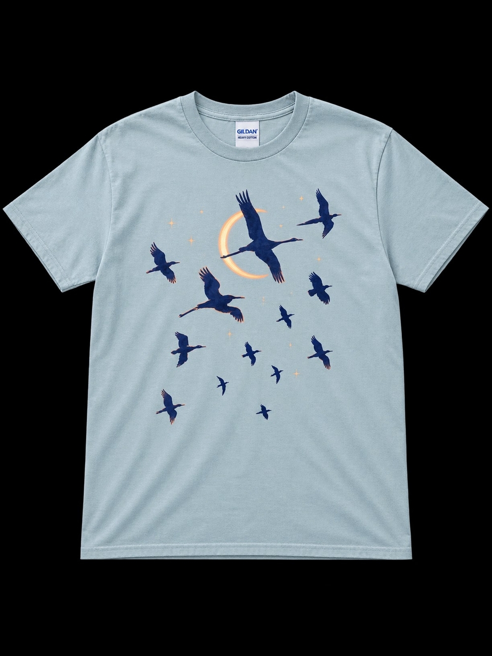 Gildan Pale Blue Tee with Navy Bird Flock and Gold Crescent